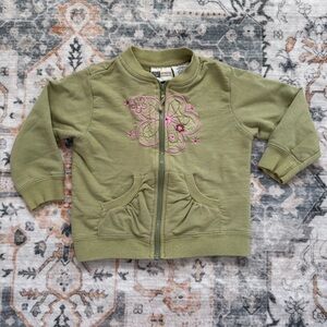 Faded Glory Olive Green Zip Up Jacket with Pink Embroidery